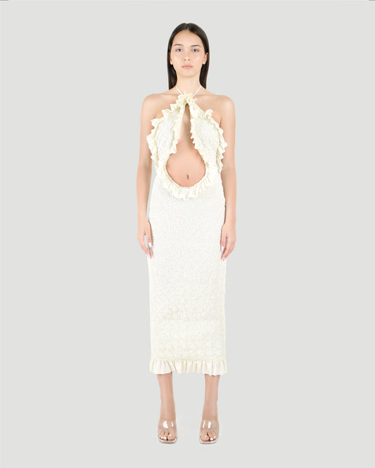Ruffle midi dress in smocked jersey