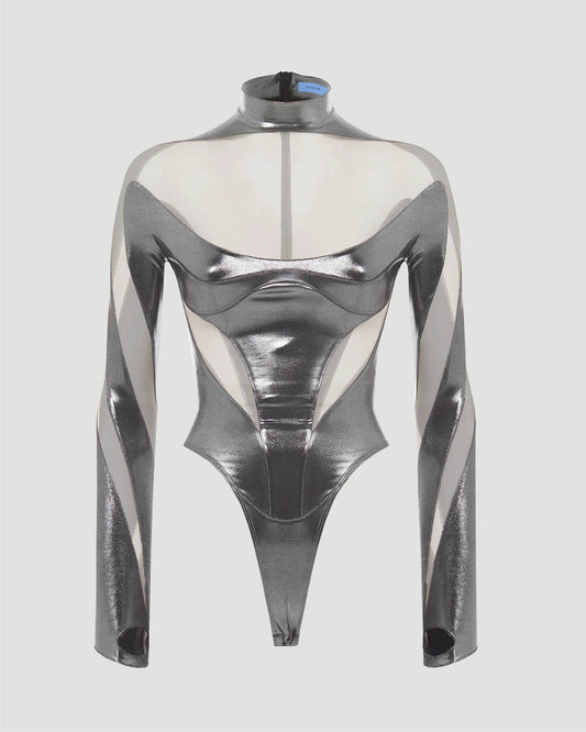 ILLUSION BODY SUIT IN CHROME