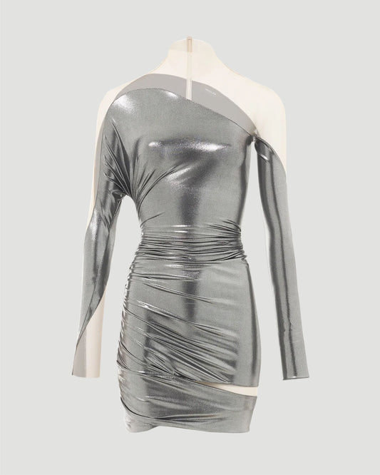 Impossible neckline dress in silver