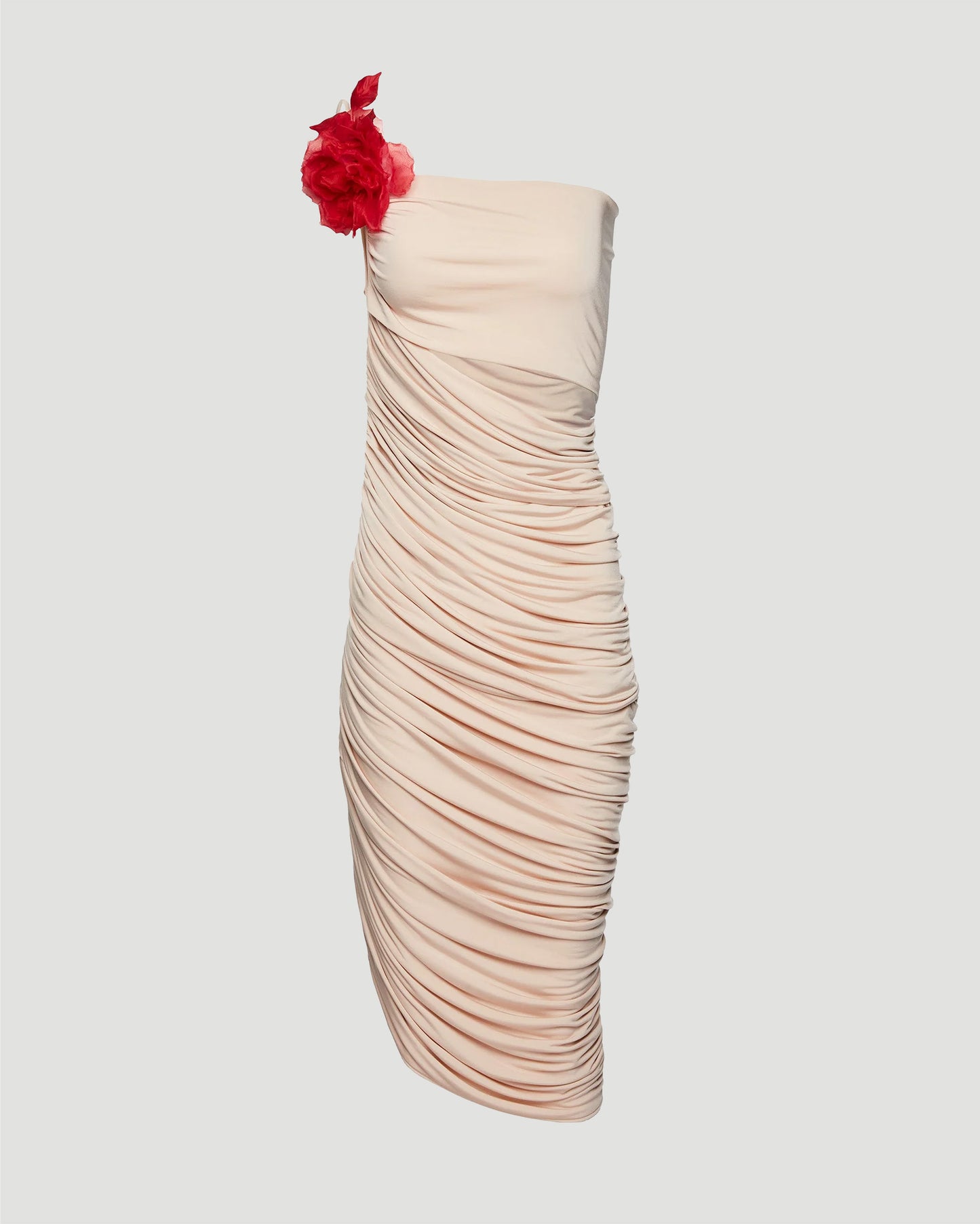 One-Shoulder Rose-Embellished Dress in Beige