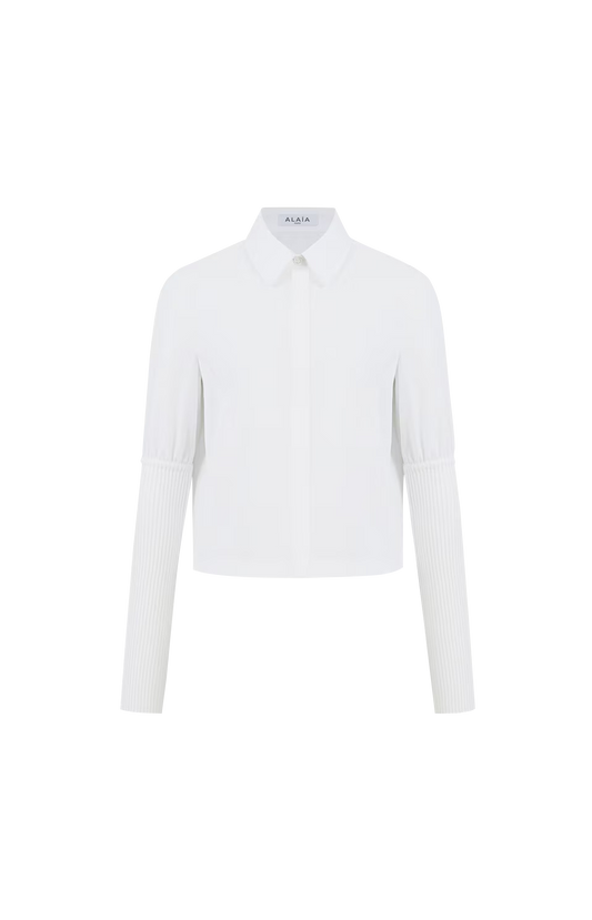ALAÏA Cotton Poplin Shirt With Ribbed Sleeved in White — front view