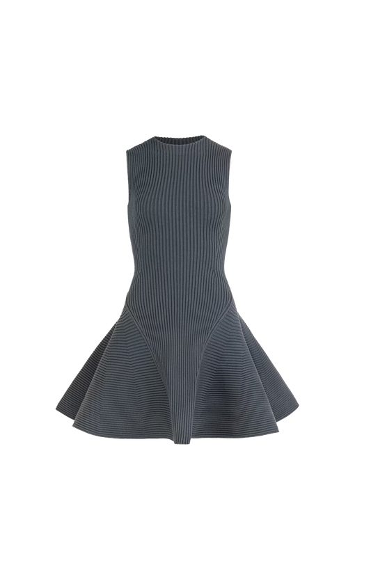 ALAÏA Ribbed Skater Dress in Grey — front view