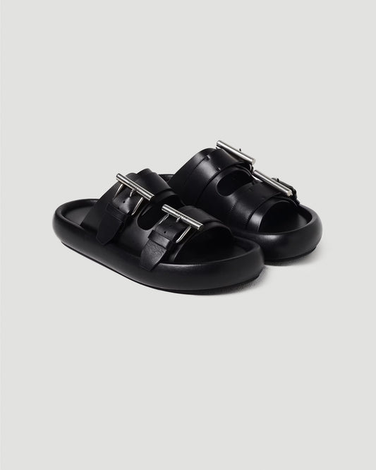 Black Leather Slides With Buckle