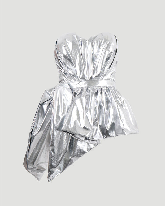 BUSTIER PEPLUM TOP IN SILVER