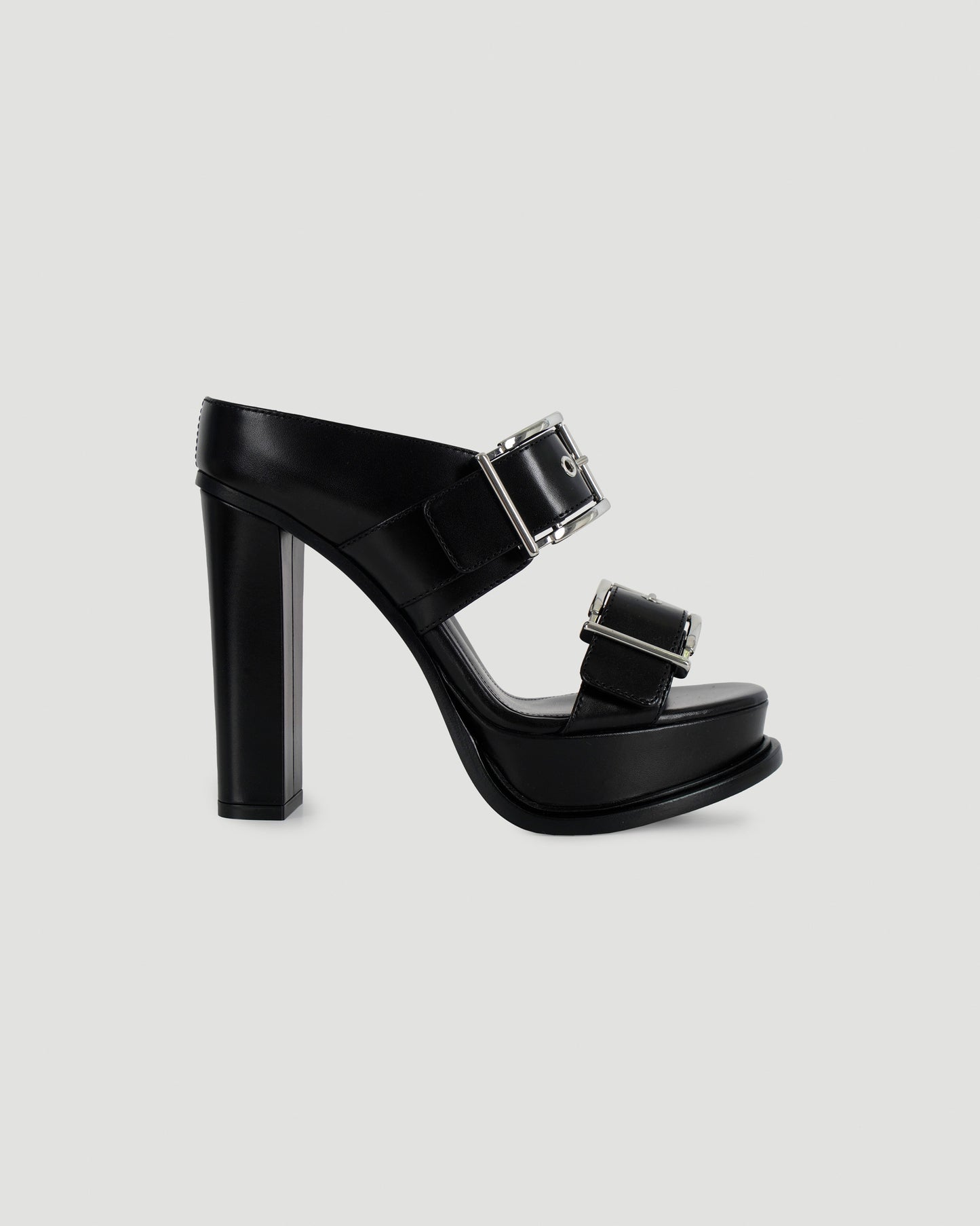 Platform Buckle Sandal in Black and silver