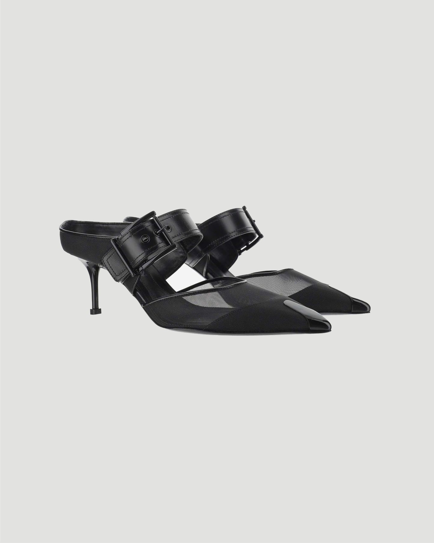 Mesh heeled mules in black