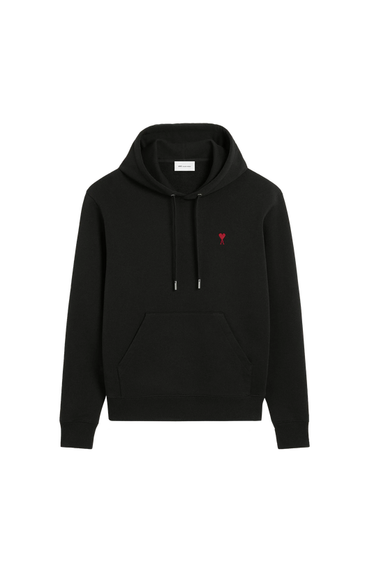 Ami Paris Black Cotton Hoodie with Red Ami de Coeur — front view