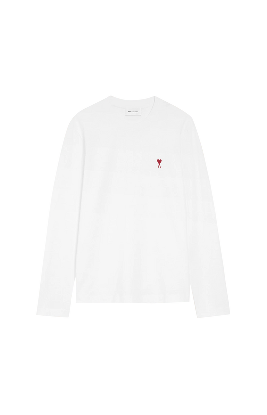 Ami Paris White Cotton Longsleeves T-Shirt with Ami De Coeur — front view