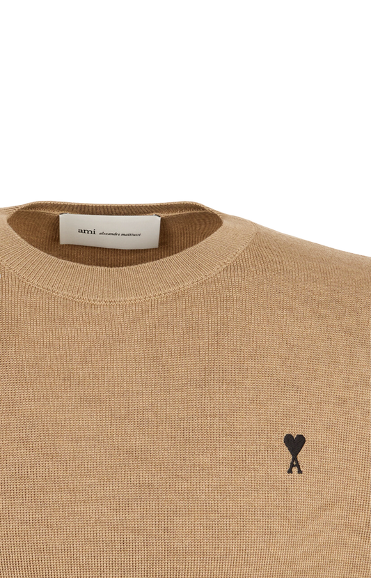 Ami Paris Crewneck Wool Sweater with Red Ami de Coeur in Camel — product photo 2