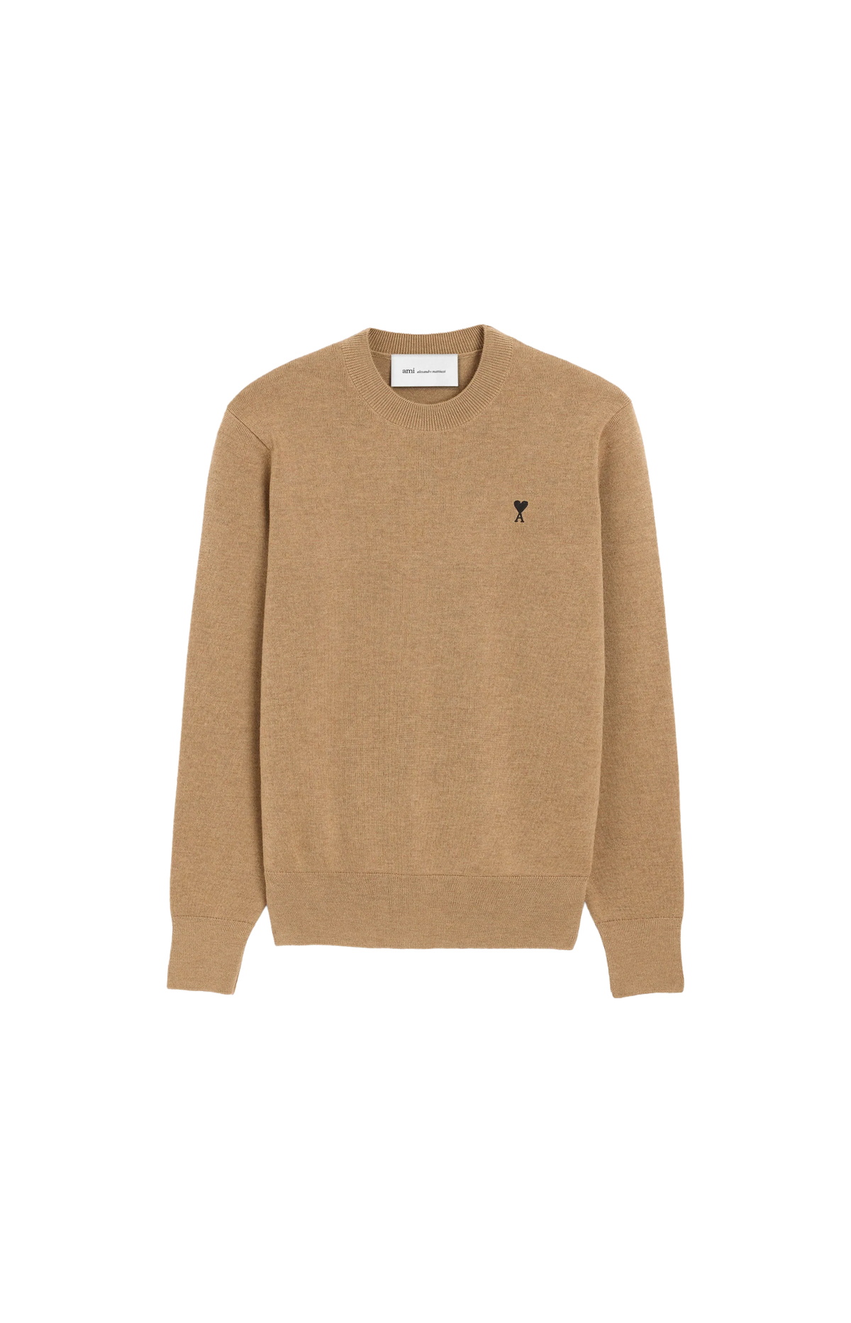 Ami Paris Crewneck Wool Sweater with Red Ami de Coeur in Camel — front view