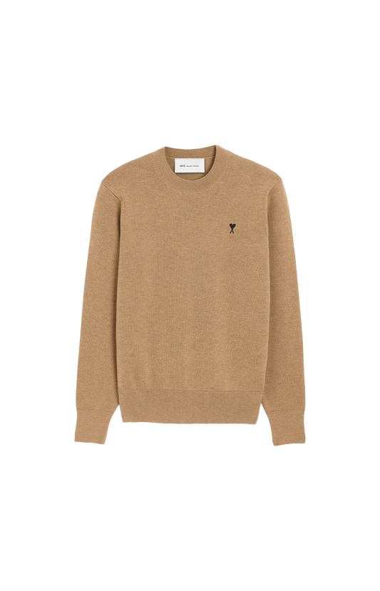 Ami Paris Crewneck Wool Sweater with Red Ami de Coeur in Camel — front view