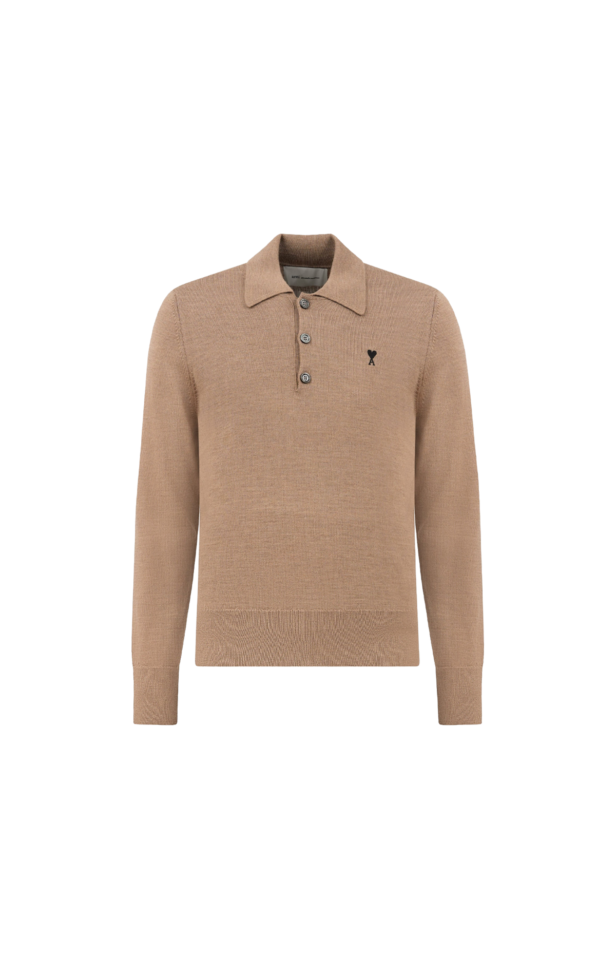 Ami Paris Wool Polo with Ami de Coeur in Camel — front view