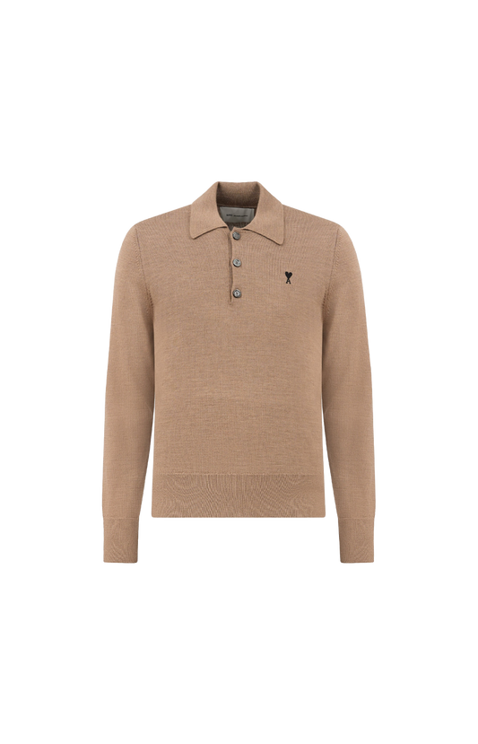 Ami Paris Wool Polo with Ami de Coeur in Camel — front view