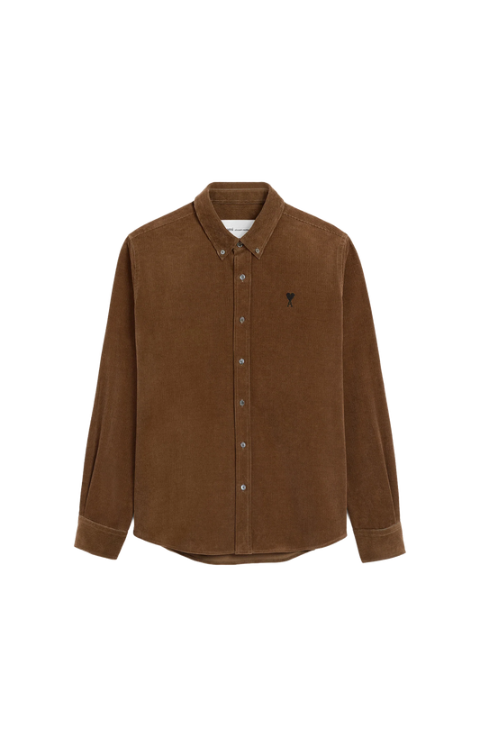 Ami Paris Corduroy Shirt with Ami de Coeur in Chocolate Brown — front view