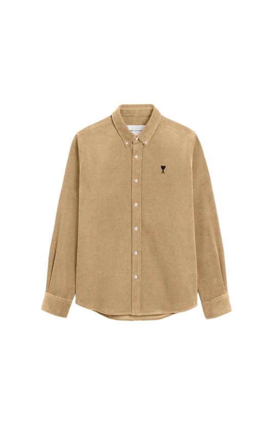 Ami Paris Corduroy Shirt with Ami de Coeur in Beige — front view
