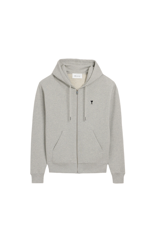 Ami Paris Cotton Zipped Hoodie in Ash Grey — front view