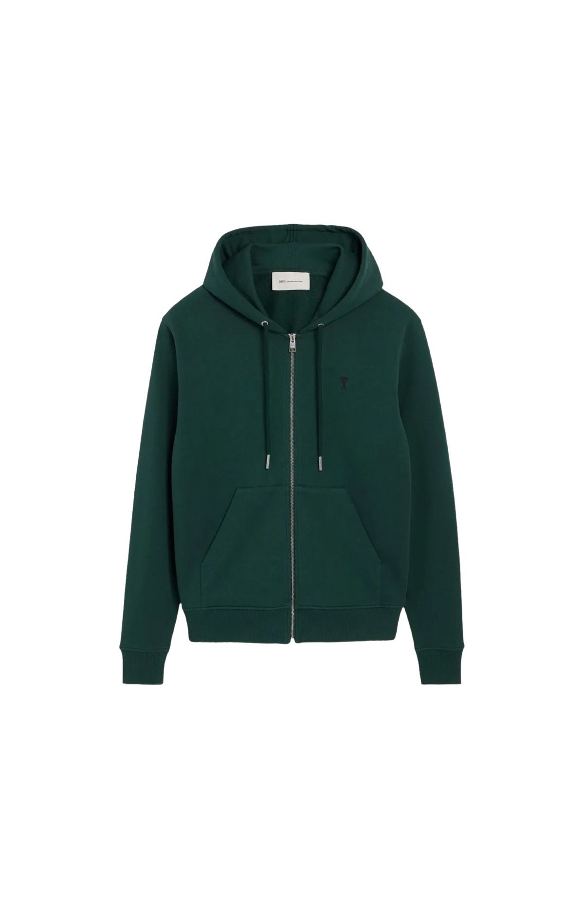 Ami Paris Cotton Zipped Hoodie in Bottle Green — front view