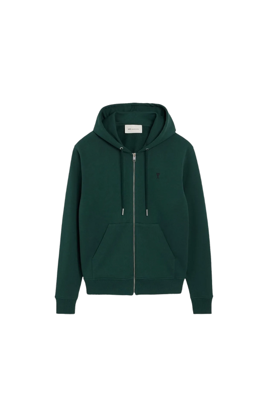 Ami Paris Cotton Zipped Hoodie in Bottle Green — front view