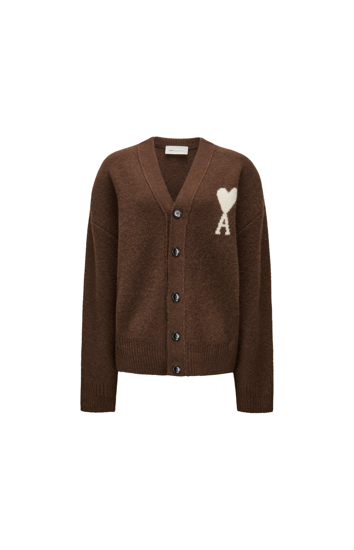 Ami Paris Alpaca Ami de Coeur Cardigan in Cholocate — front view