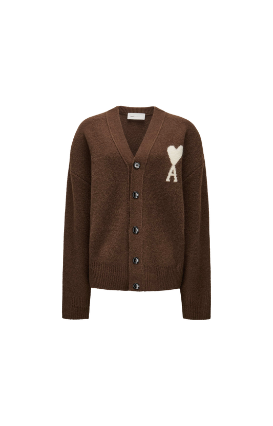 Ami Paris Alpaca Ami de Coeur Cardigan in Cholocate — front view
