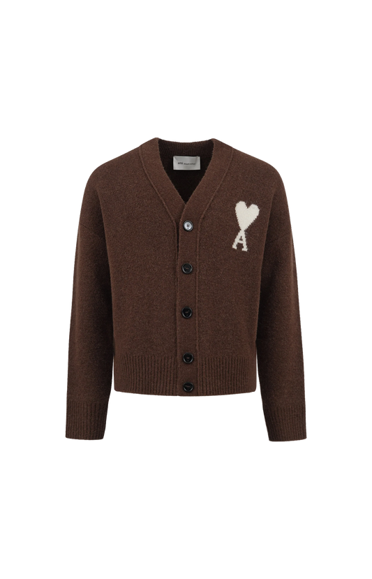 Ami Paris Alpaca Ami de Coeur Cardigan in Cholocate — front view