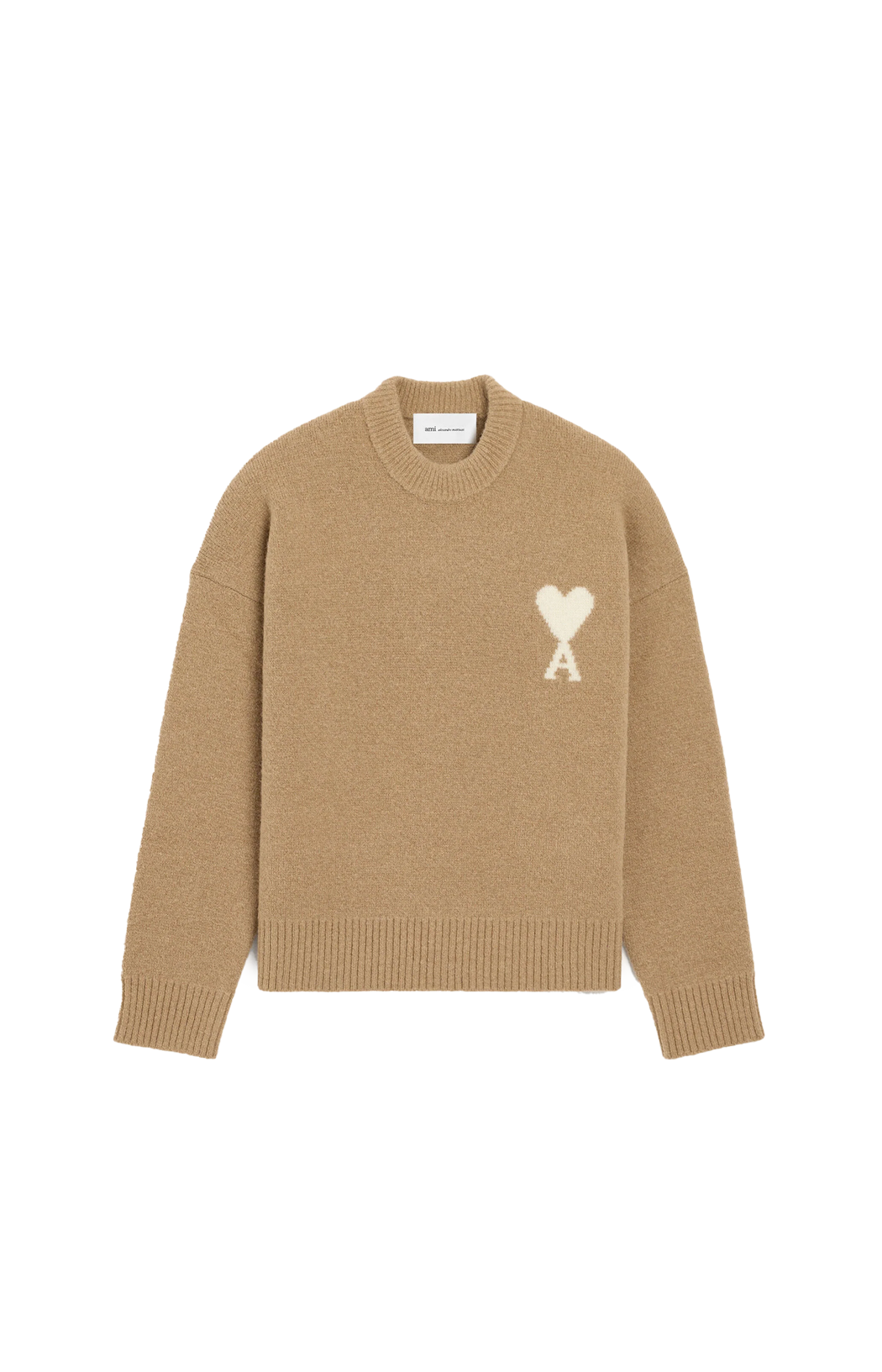 Ami Paris Crewneck Alpaca Sweater with Ami de Coeur in Beige — front view