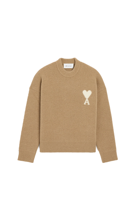 Ami Paris Crewneck Alpaca Sweater with Ami de Coeur in Beige — front view
