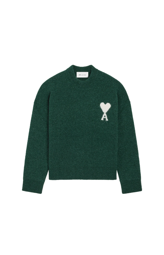 Ami Paris Green Crewneck Alpaca Sweater with Ami de Coeur — front view