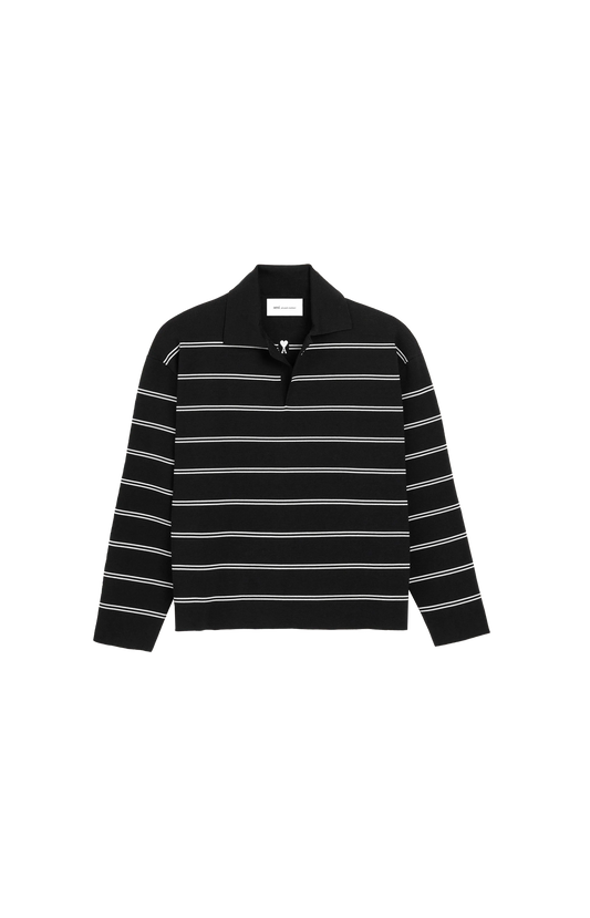 Ami Paris Black Striped Cotton Polo with Ami Patch — front view