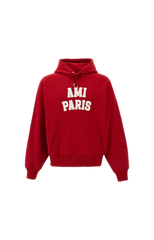 Cotton Hoodie with Ami Paris Embroidery in Red — front view