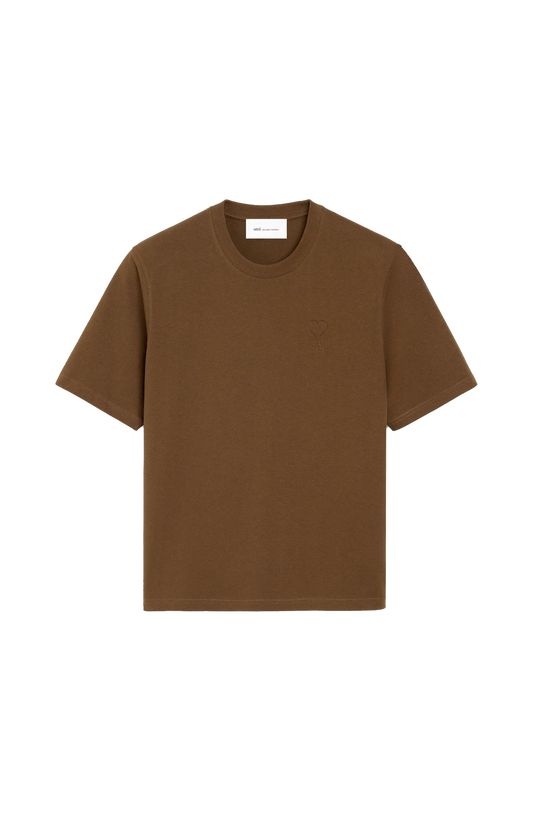 Ami Paris Brown Cotton T-Shirt with Embossed Ami de Coeur in Chocolate — front view