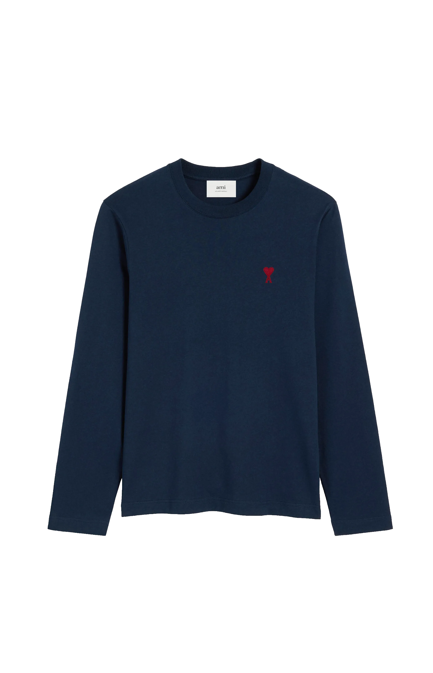 Ami Paris Navy Cotton Longsleeves T-Shirt with Ami De Coeur in Night Blue — front view