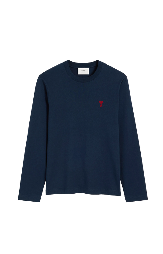 Ami Paris Navy Cotton Longsleeves T-Shirt with Ami De Coeur in Night Blue — front view