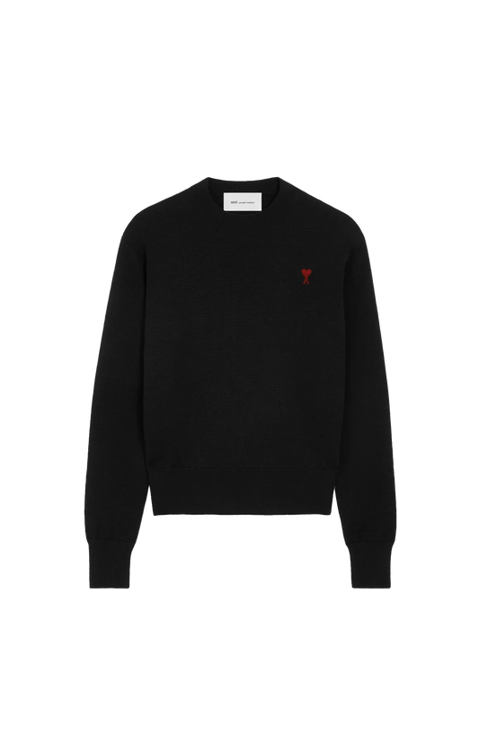 Ami Paris Black Crewneck Wool Sweater with Red Ami de Coeur — front view