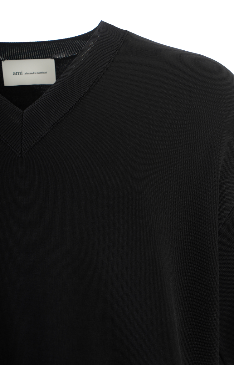 Black Wool Short Sleeves V Neck Sweater