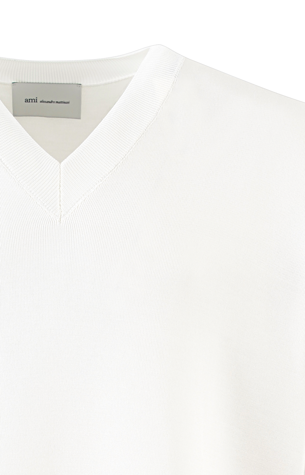 White Wool Short Sleeves V Neck Sweater