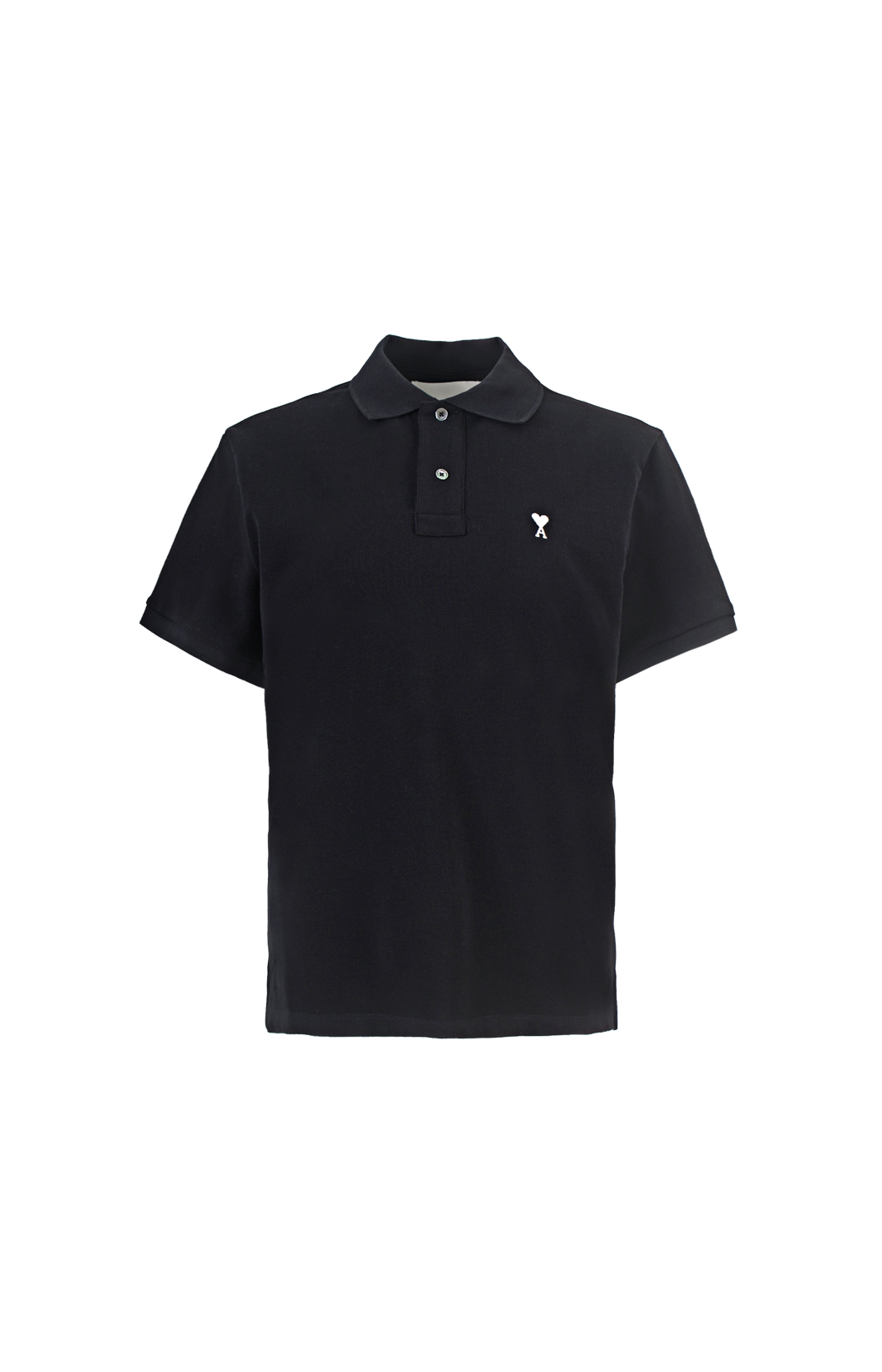 Black polo shirt with a small logo on a white background