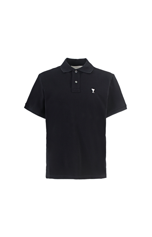 Black polo shirt with a small logo on a white background