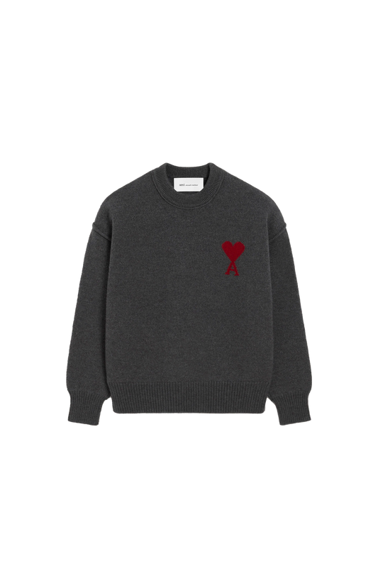 Ami Paris Grey Crewneck Wool Sweater with Ami de Coeur — front view
