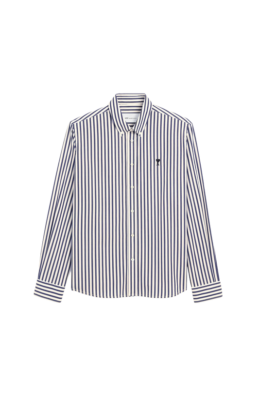 Ami Paris Striped Cotton Shirt with Ami de Coeur in Blue — front view