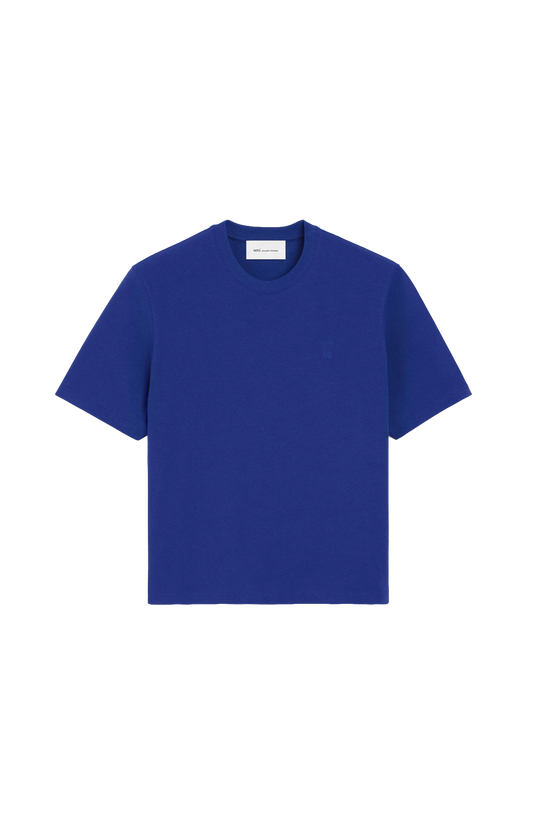 Ami Paris Blue Cotton T-Shirt with Embossed Ami de Coeur — front view