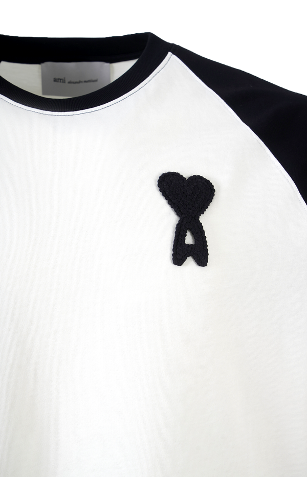 White And Black Cotton Ami De Coeur Knitted Patch T-shirt