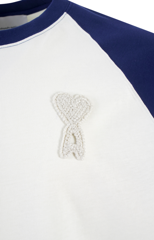 White and Navy Ami De Coeur Knitted Patch T-shirt