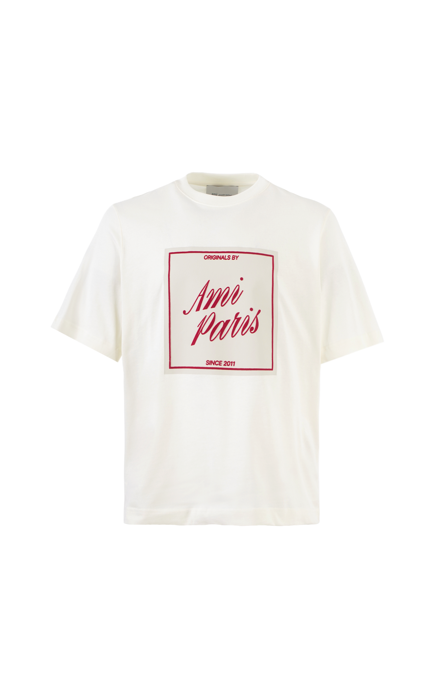 White t-shirt with red text on a white background