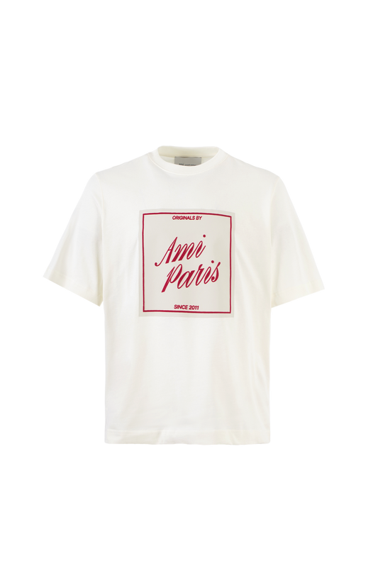 White t-shirt with red text on a white background
