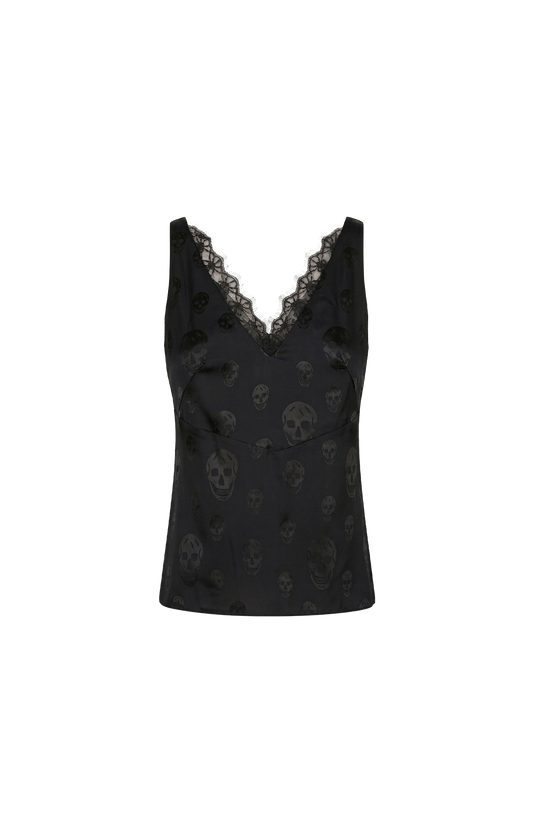 Skull Print Lace Trim Top