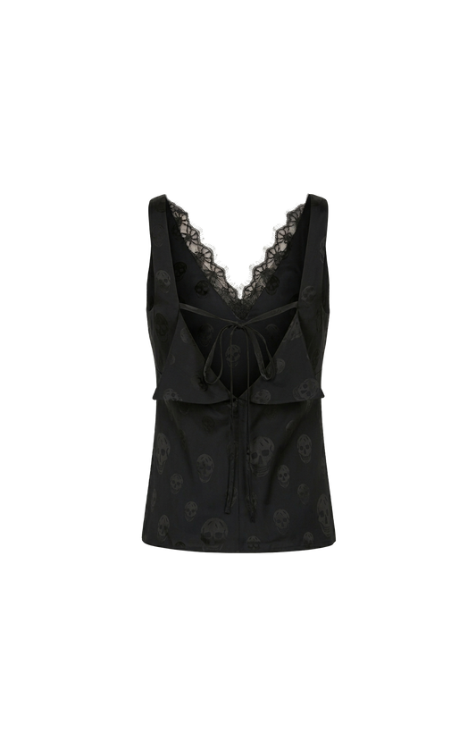 Skull Print Lace Trim Top