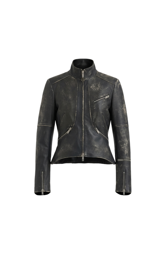 Black leather jacket on a white background