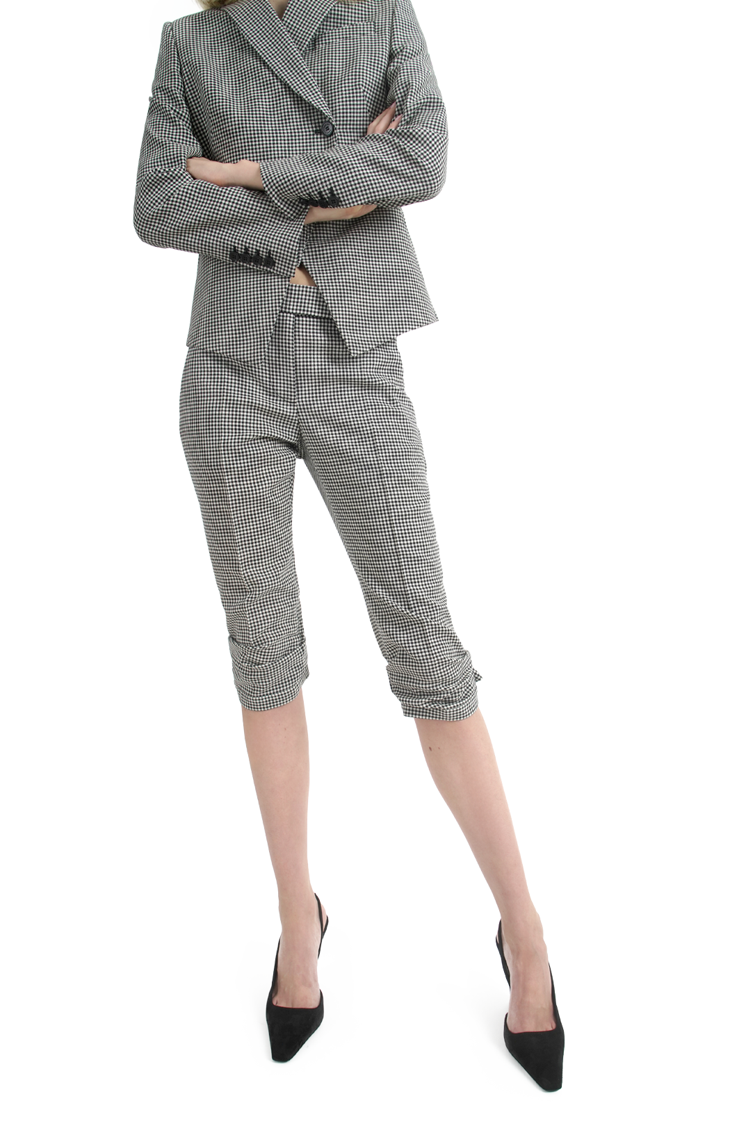 Gingham Check Tailored Capri Trousers in Black/Ivory