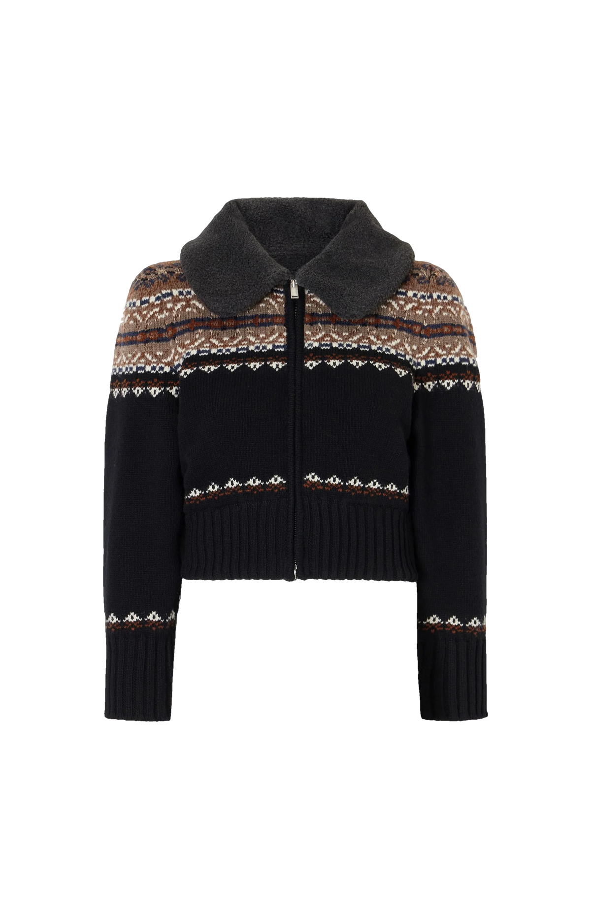 Fair Isle Wool Zip-Up Cardigan in Black